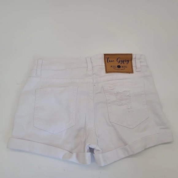 True Gypsy Womens 5 Shorts Cuffed Distressed Zipper Fly Denim Jean White Stretch - Picture 5 of 9